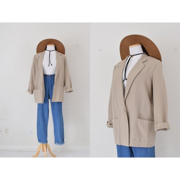 Vintage 90s ‎ Beige Rayon Oversized Light Blazer | 14 P - Picture 1 of 10